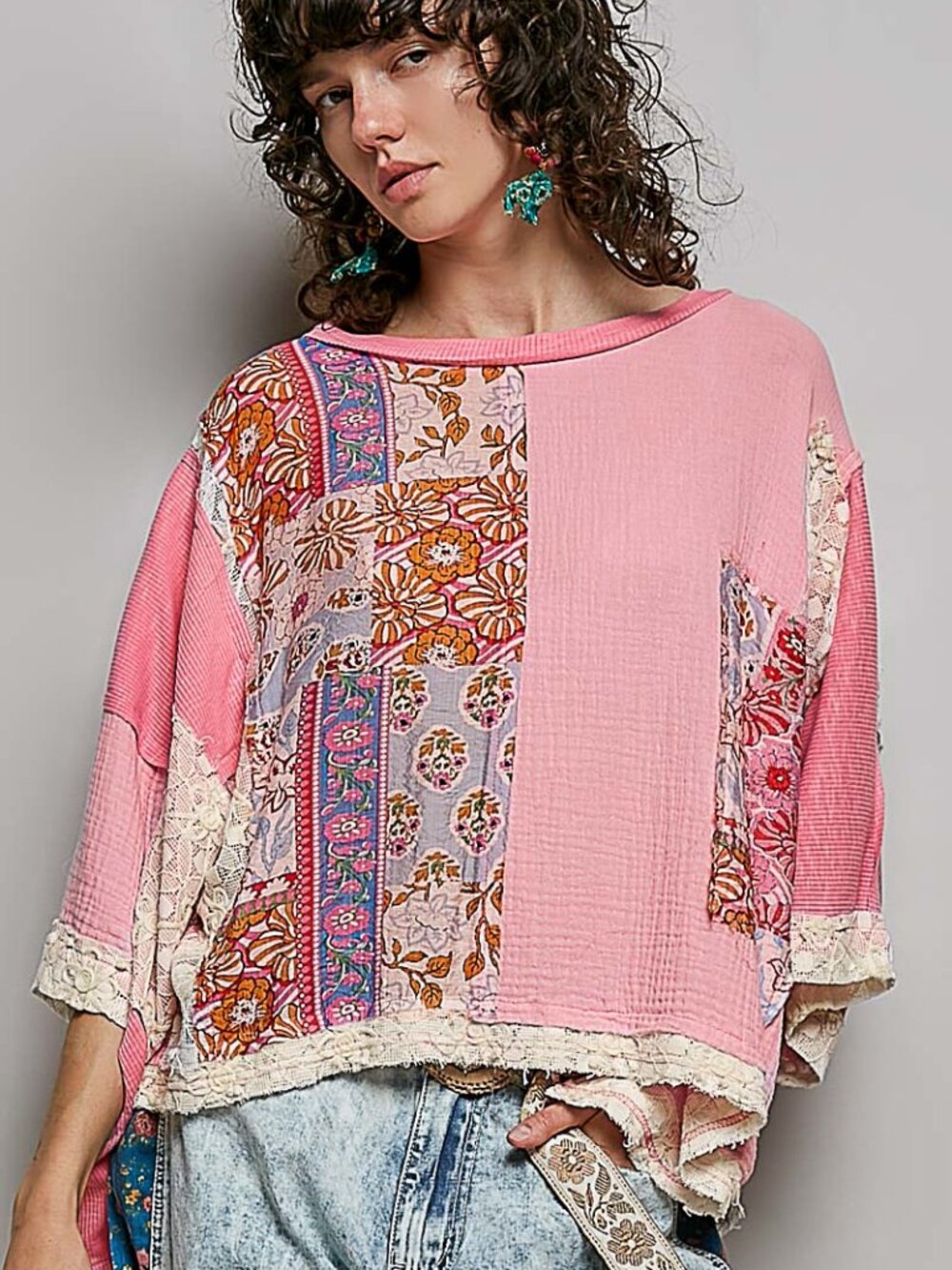 POL CANDY PINK OVERSIZED TOP  IN DOUBLE GAUZE COTTON-FLORAL